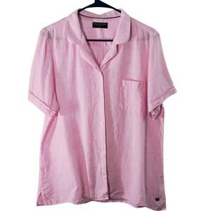 Wild South Linen Button Up Blouse Women's Size 14 Pink Short Sleeve Pocket Top